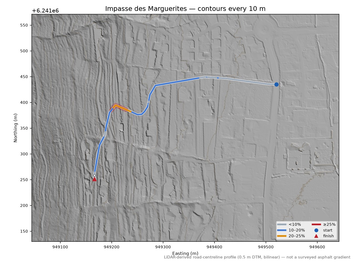 Impasse des Marguerites LiDAR hillshade map with contours