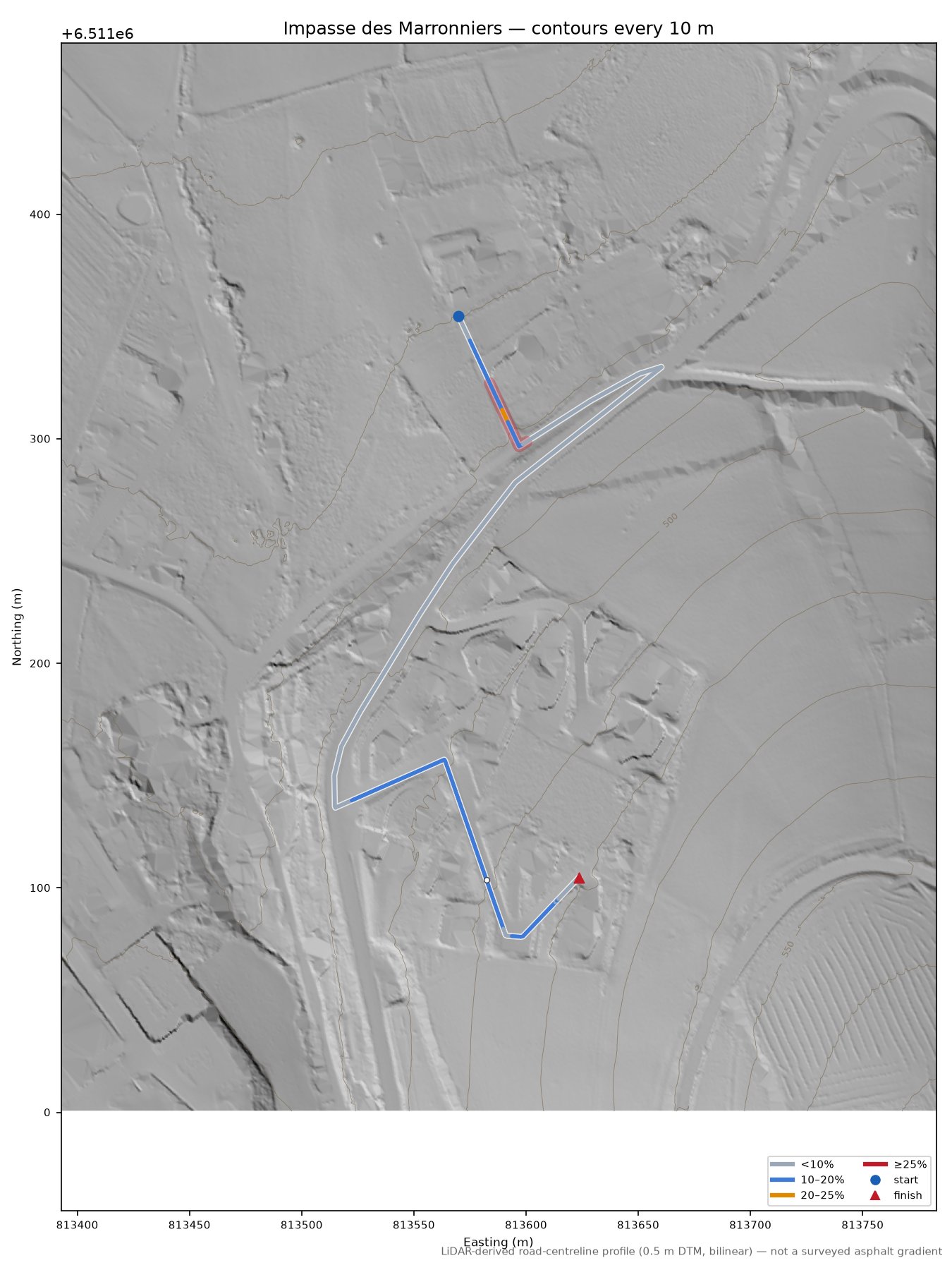 Impasse des Marronniers LiDAR hillshade map with contours