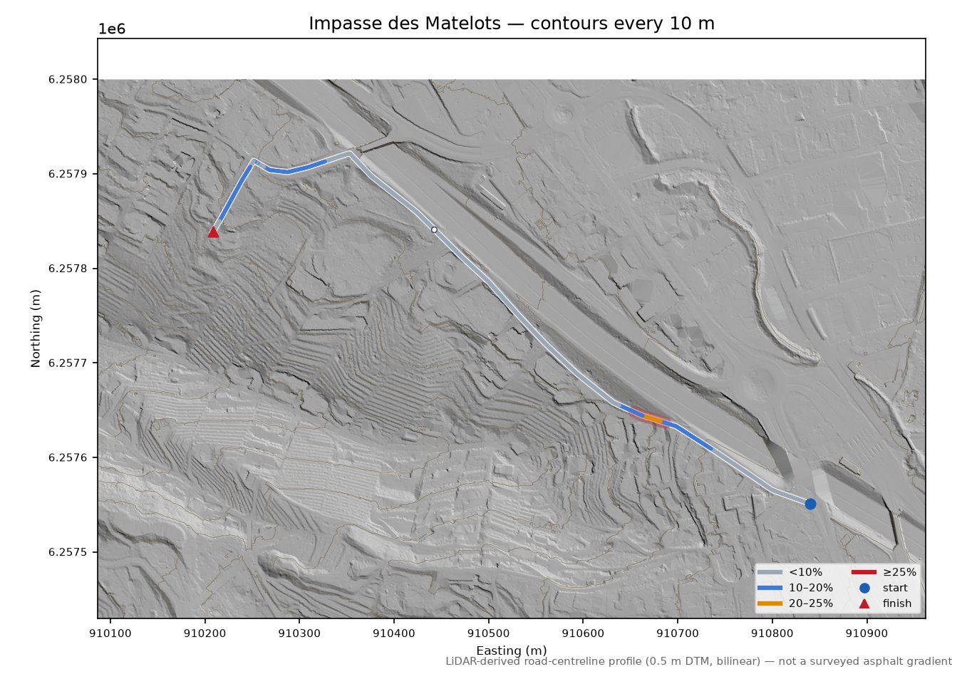 Impasse des Matelots LiDAR hillshade map with contours