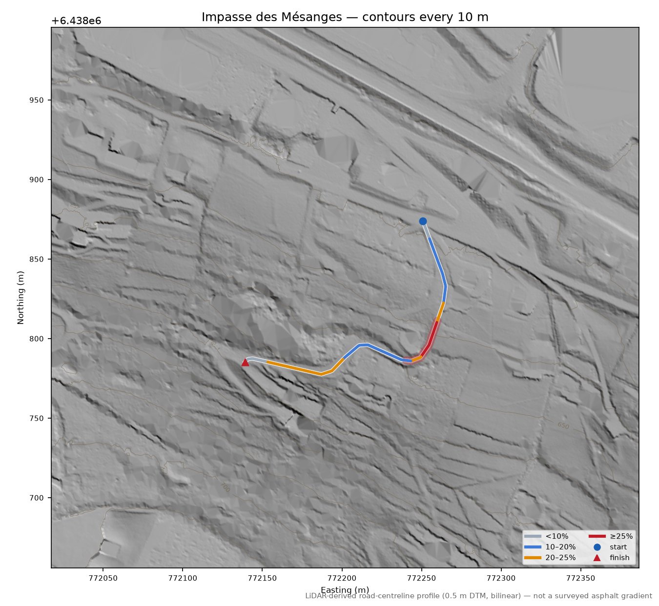 Impasse des Mésanges LiDAR hillshade map with contours