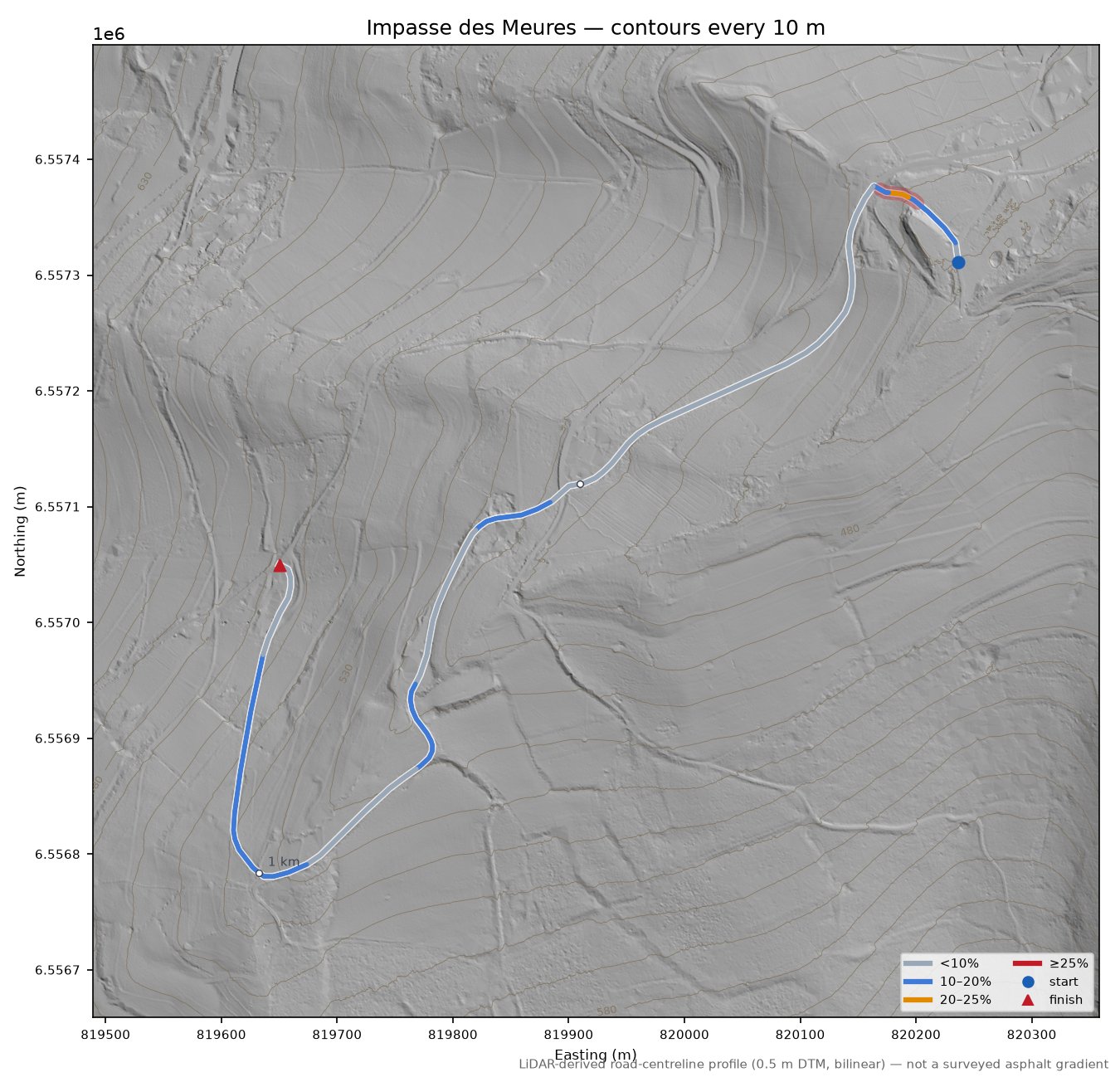 Impasse des Meures LiDAR hillshade map with contours