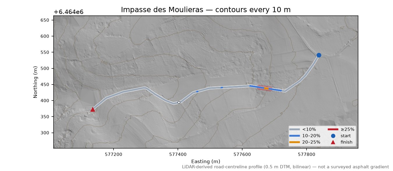 Impasse des Moulieras LiDAR hillshade map with contours