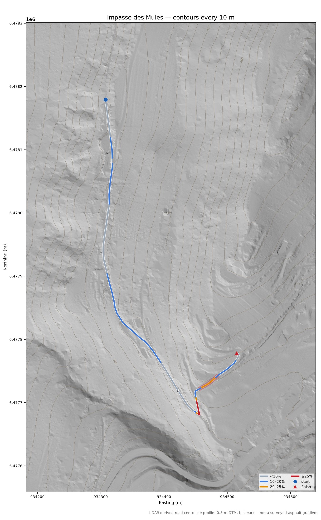 Impasse des Mules LiDAR hillshade map with contours