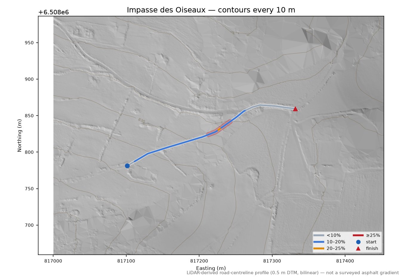 Impasse des Oiseaux LiDAR hillshade map with contours