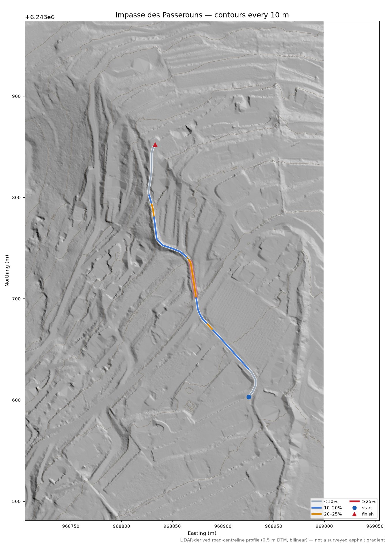 Impasse des Passerouns LiDAR hillshade map with contours