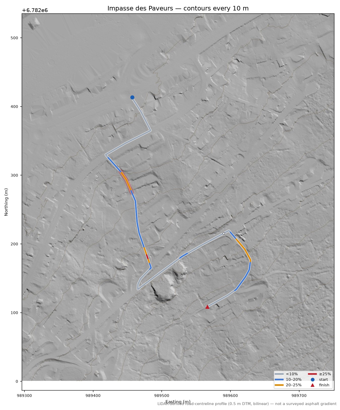 Impasse des Paveurs LiDAR hillshade map with contours