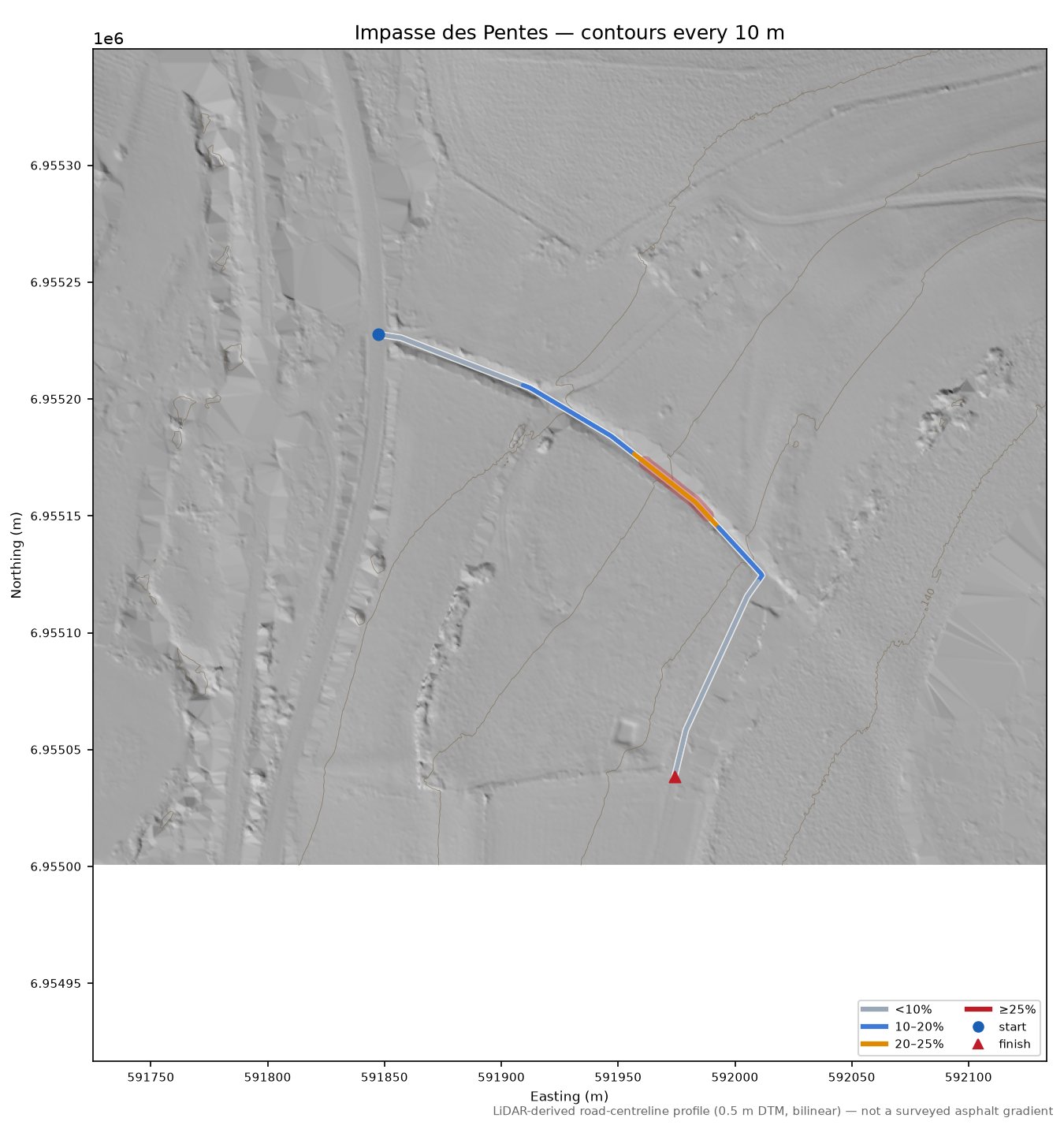 Impasse des Pentes LiDAR hillshade map with contours