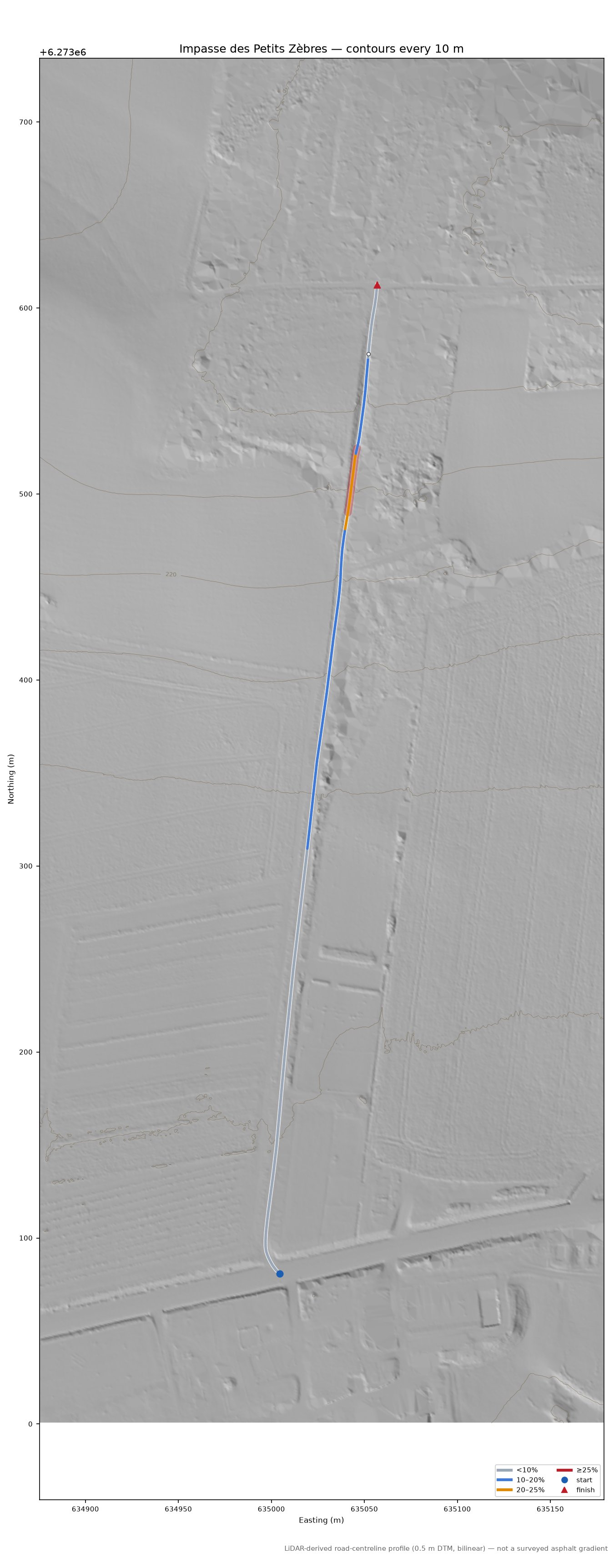 Impasse des Petits Zèbres LiDAR hillshade map with contours