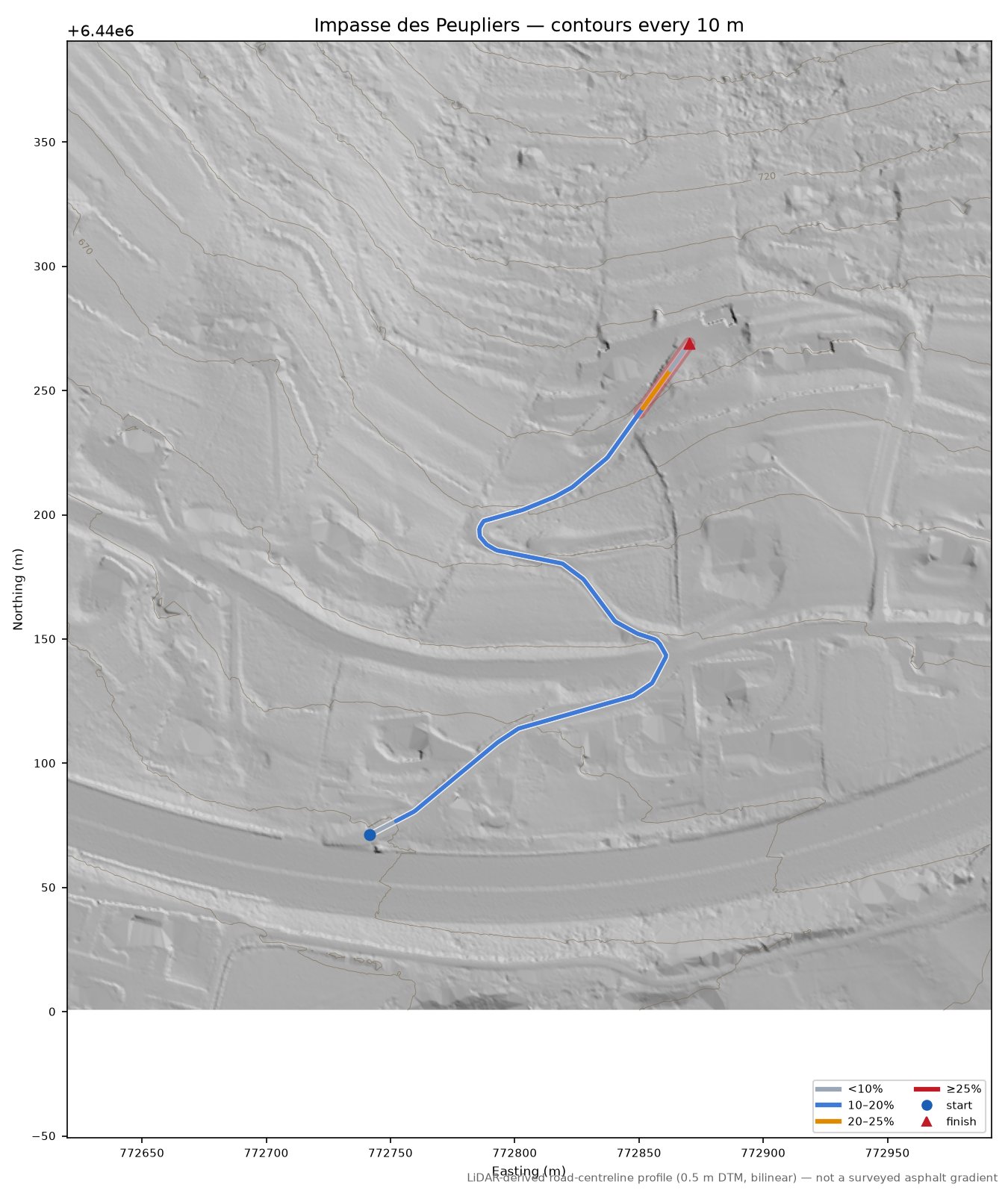 Impasse des Peupliers LiDAR hillshade map with contours