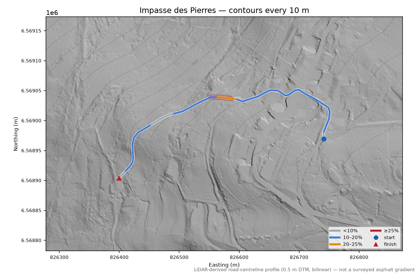 Impasse des Pierres LiDAR hillshade map with contours