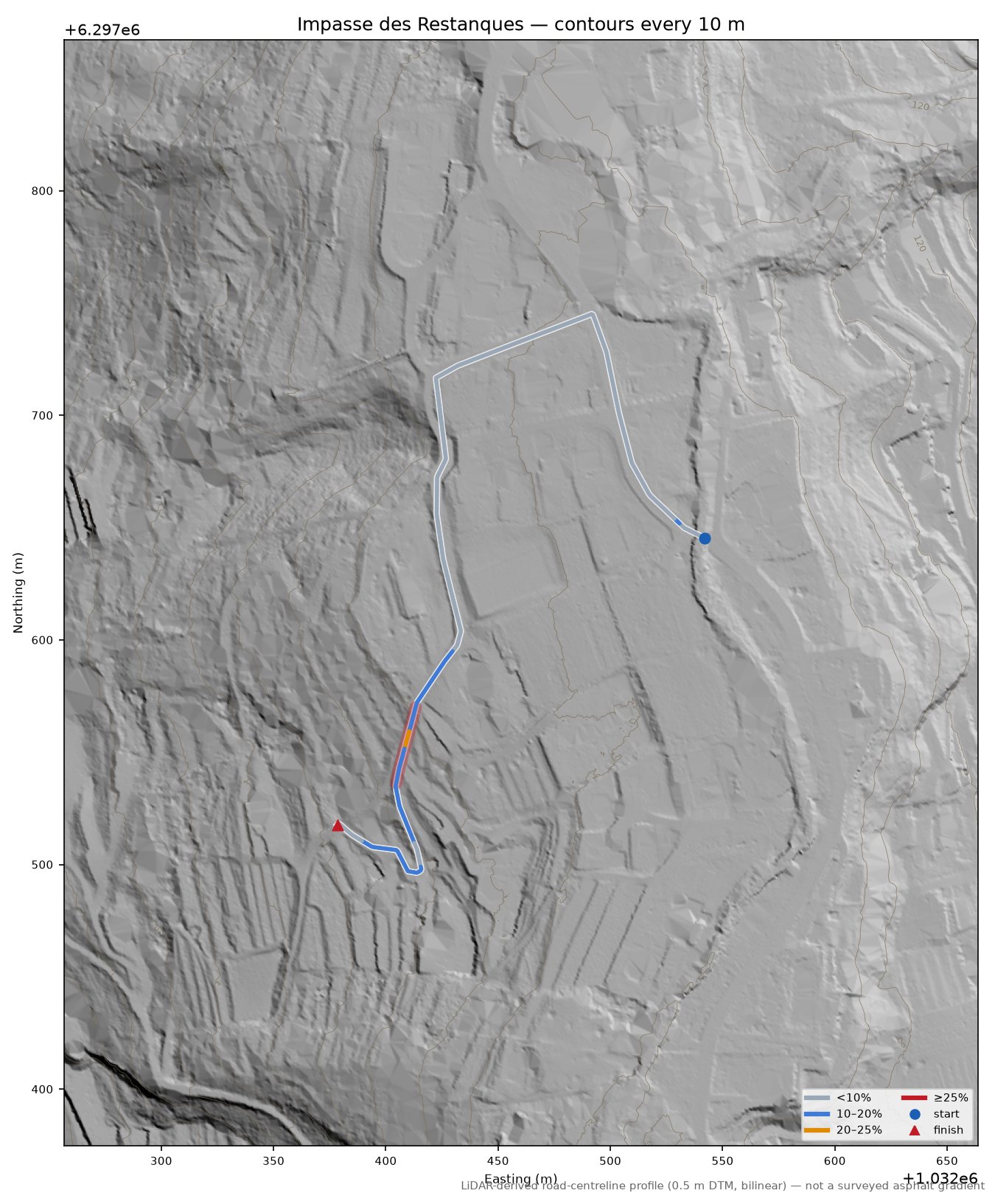 Impasse des Restanques LiDAR hillshade map with contours