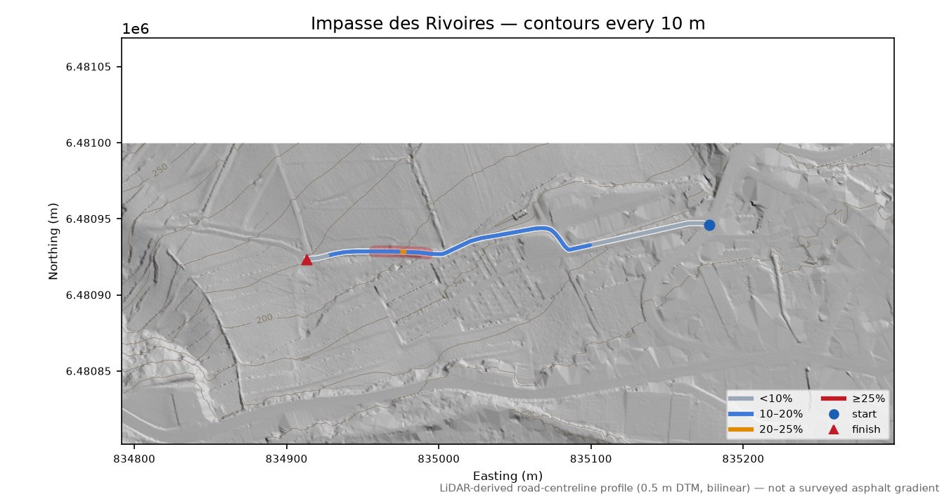 Impasse des Rivoires LiDAR hillshade map with contours