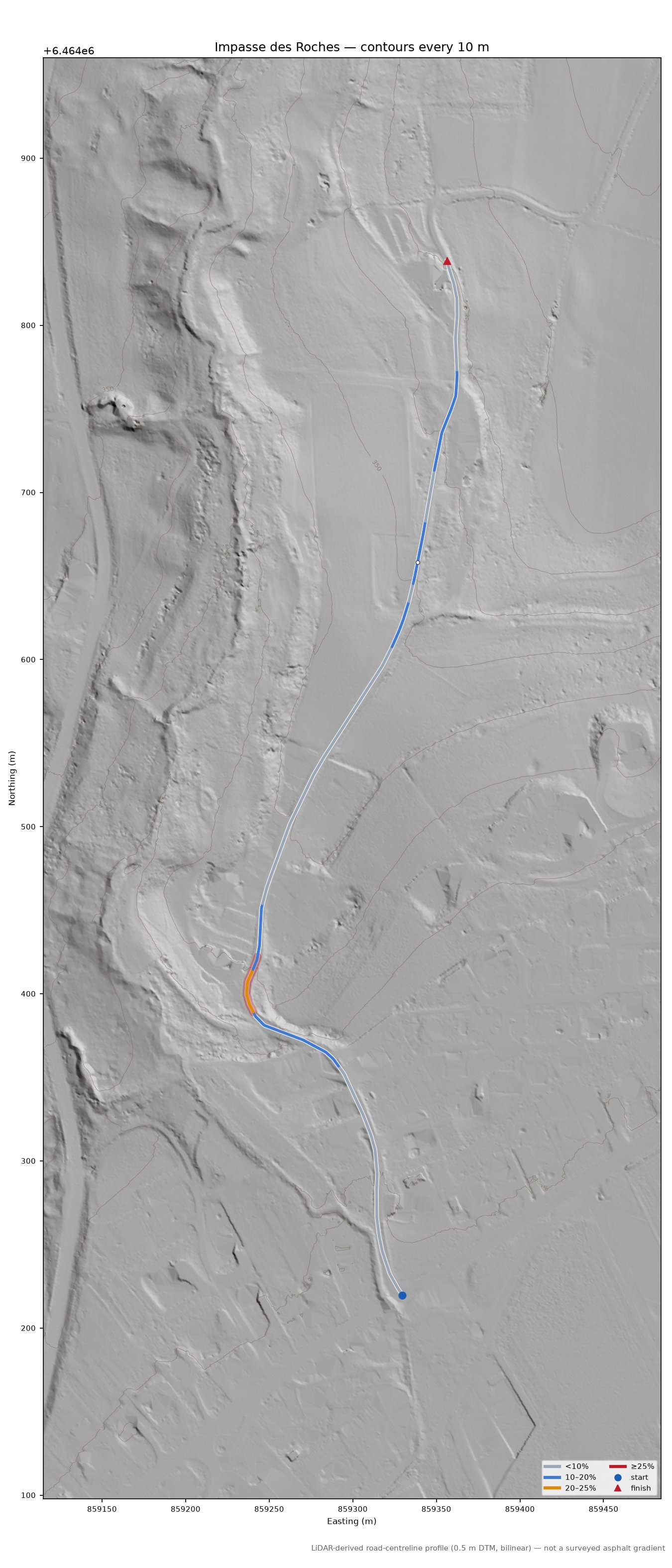 Impasse des Roches LiDAR hillshade map with contours