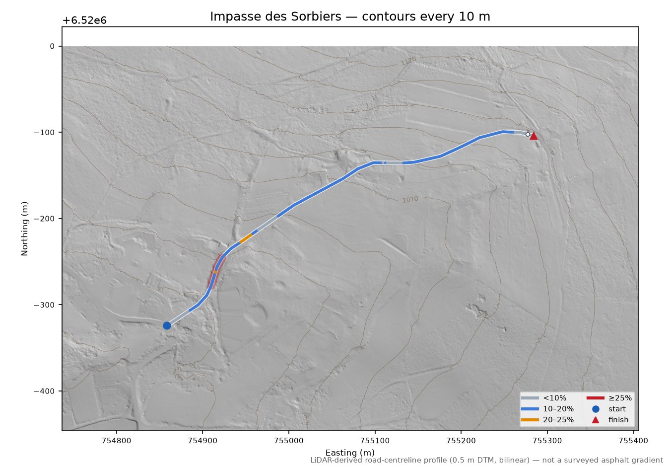 Impasse des Sorbiers LiDAR hillshade map with contours