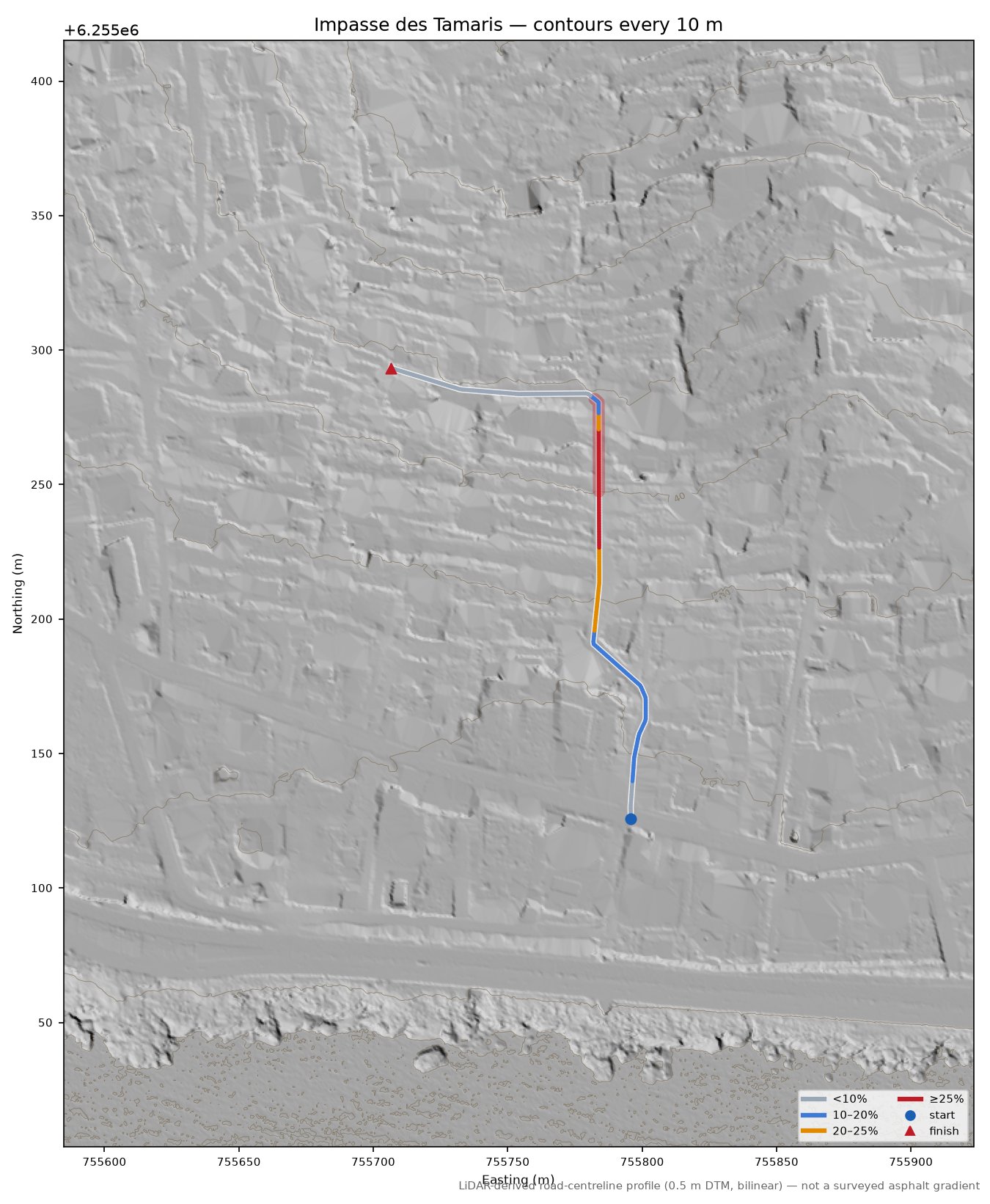 Impasse des Tamaris LiDAR hillshade map with contours