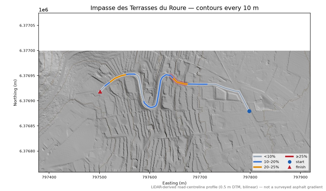 Impasse des Terrasses du Roure LiDAR hillshade map with contours
