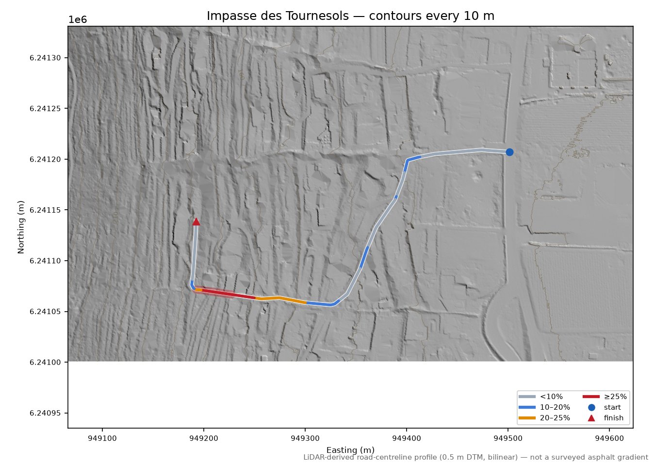 Impasse des Tournesols LiDAR hillshade map with contours