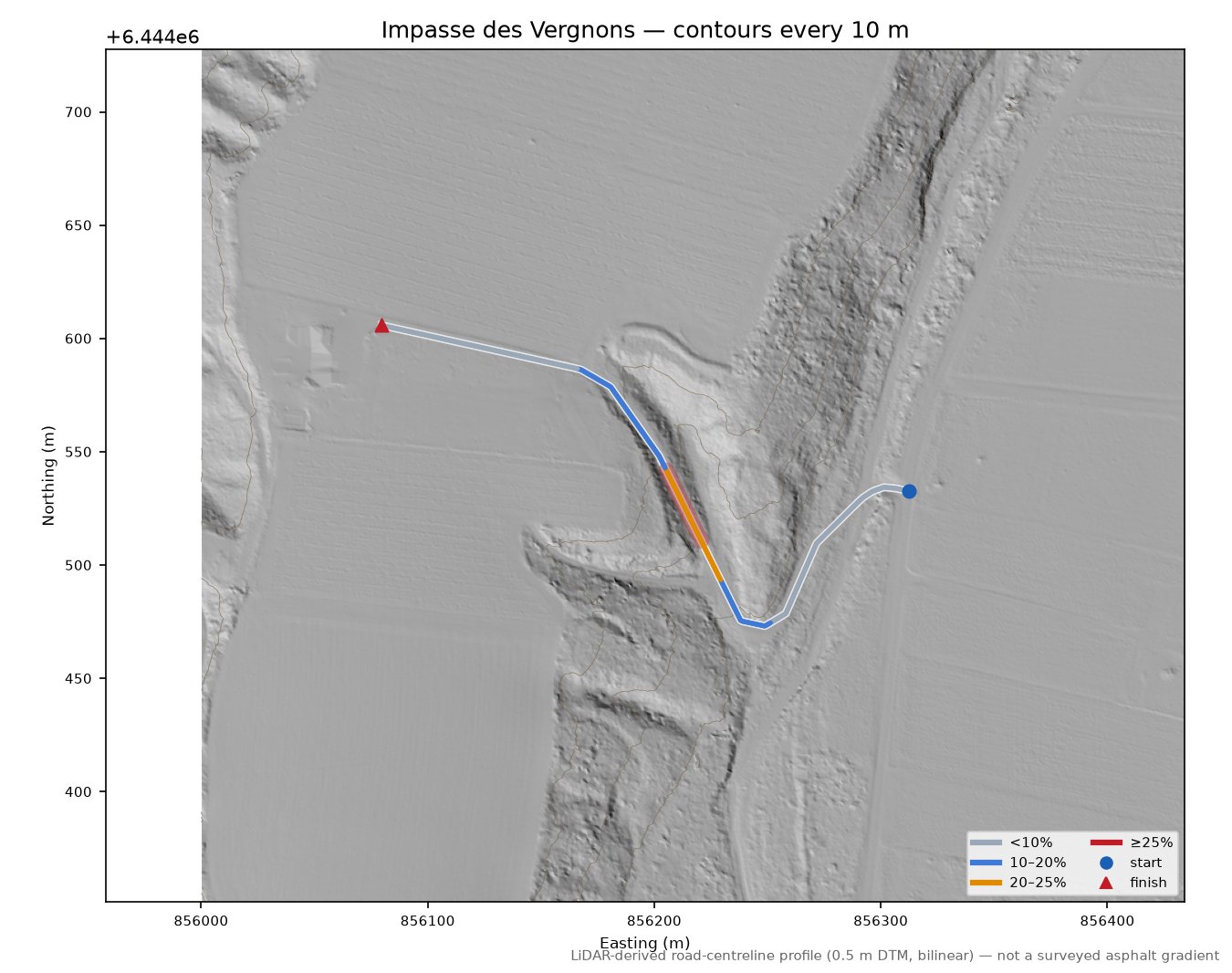 Impasse des Vergnons LiDAR hillshade map with contours