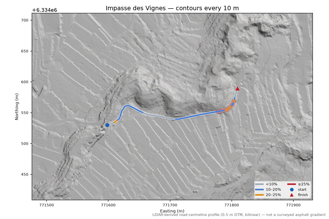 Impasse des Vignes LiDAR hillshade map with contours
