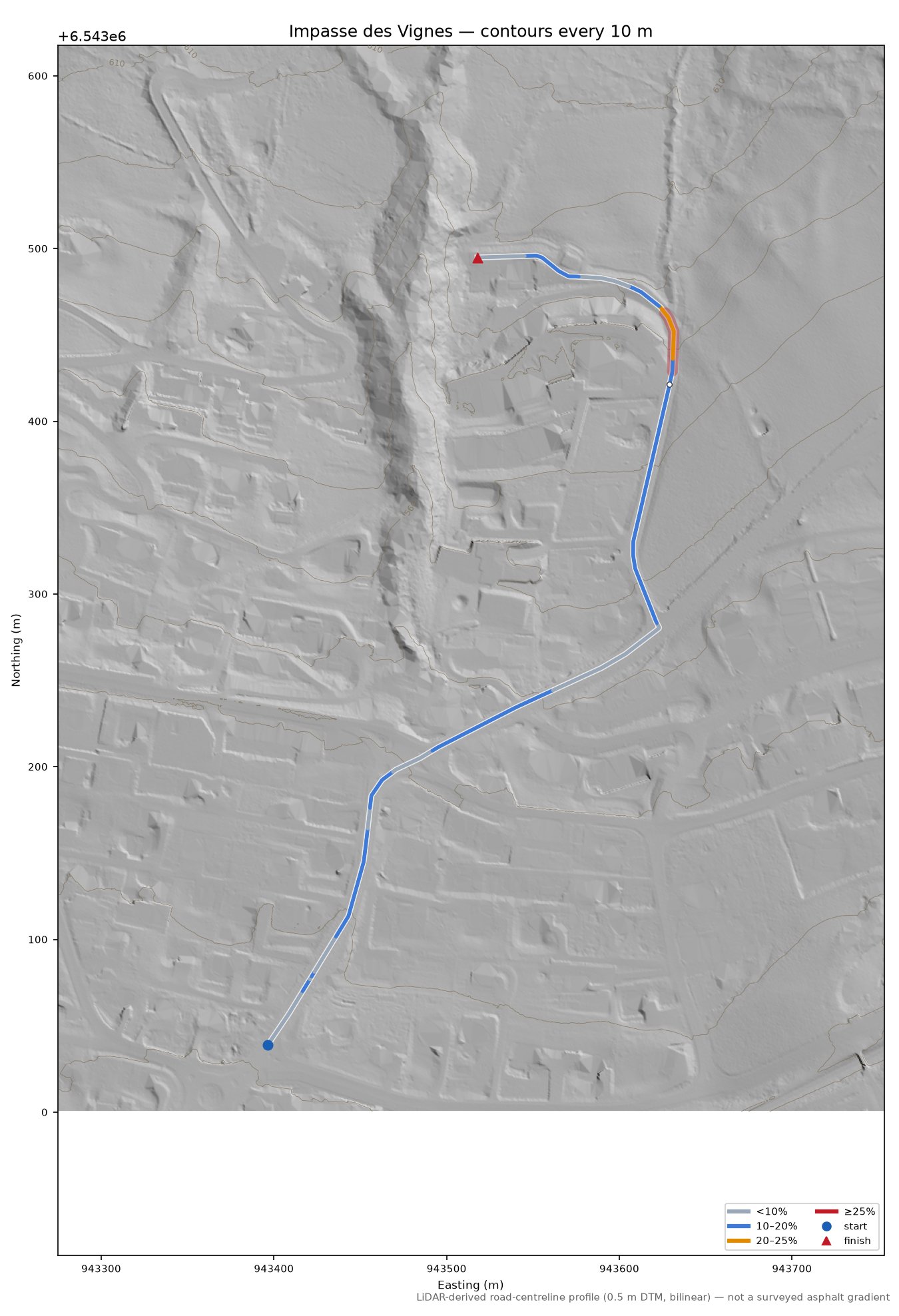 Impasse des Vignes LiDAR hillshade map with contours
