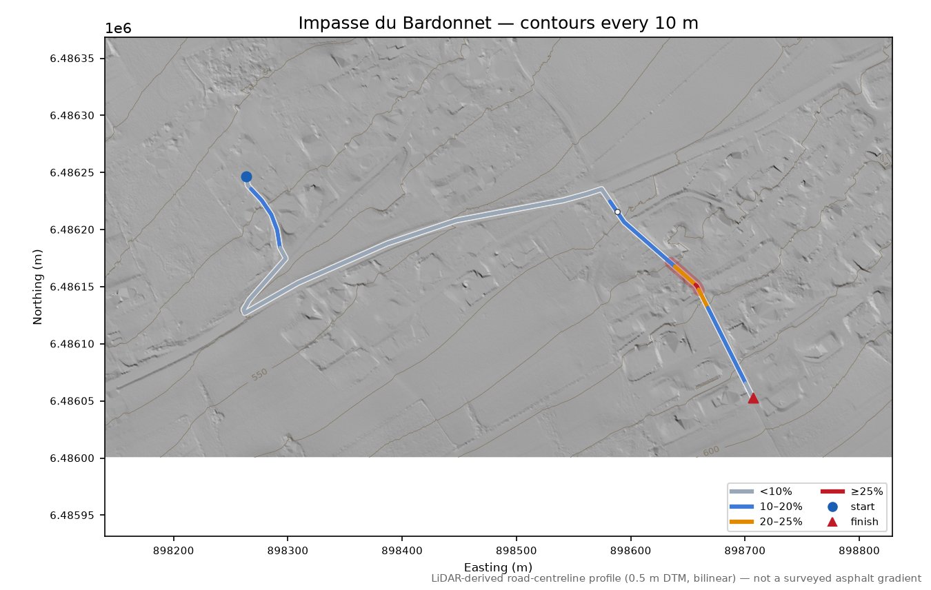 Impasse du Bardonnet LiDAR hillshade map with contours
