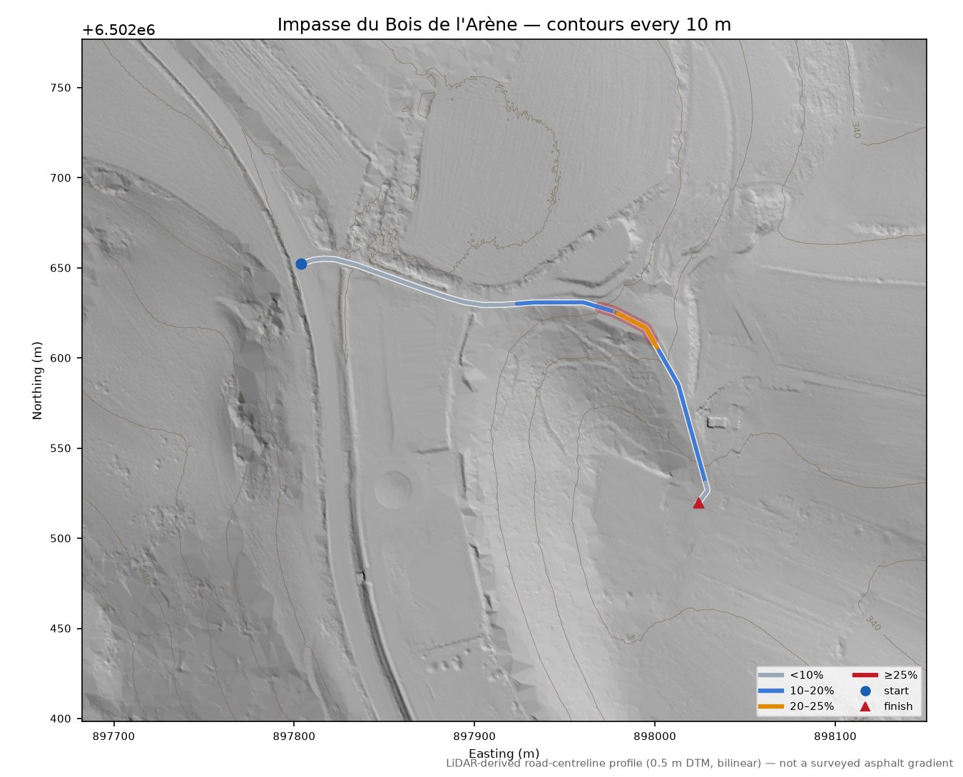 Impasse du Bois de l'Arène LiDAR hillshade map with contours