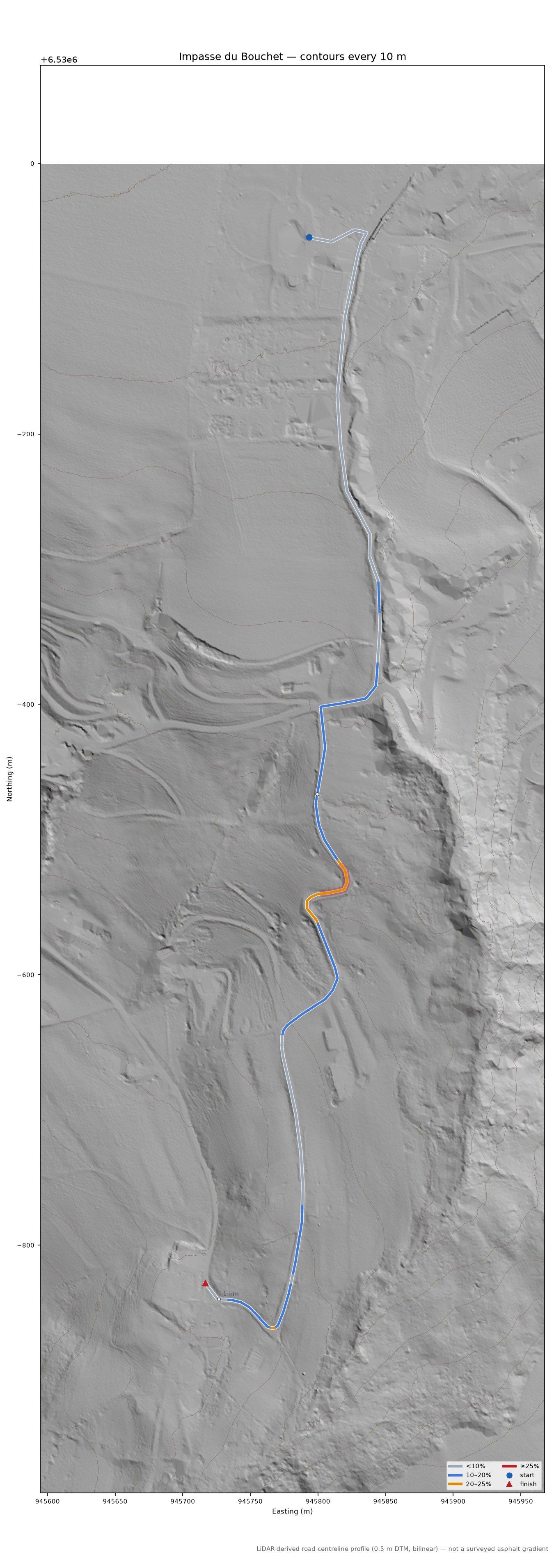Impasse du Bouchet LiDAR hillshade map with contours