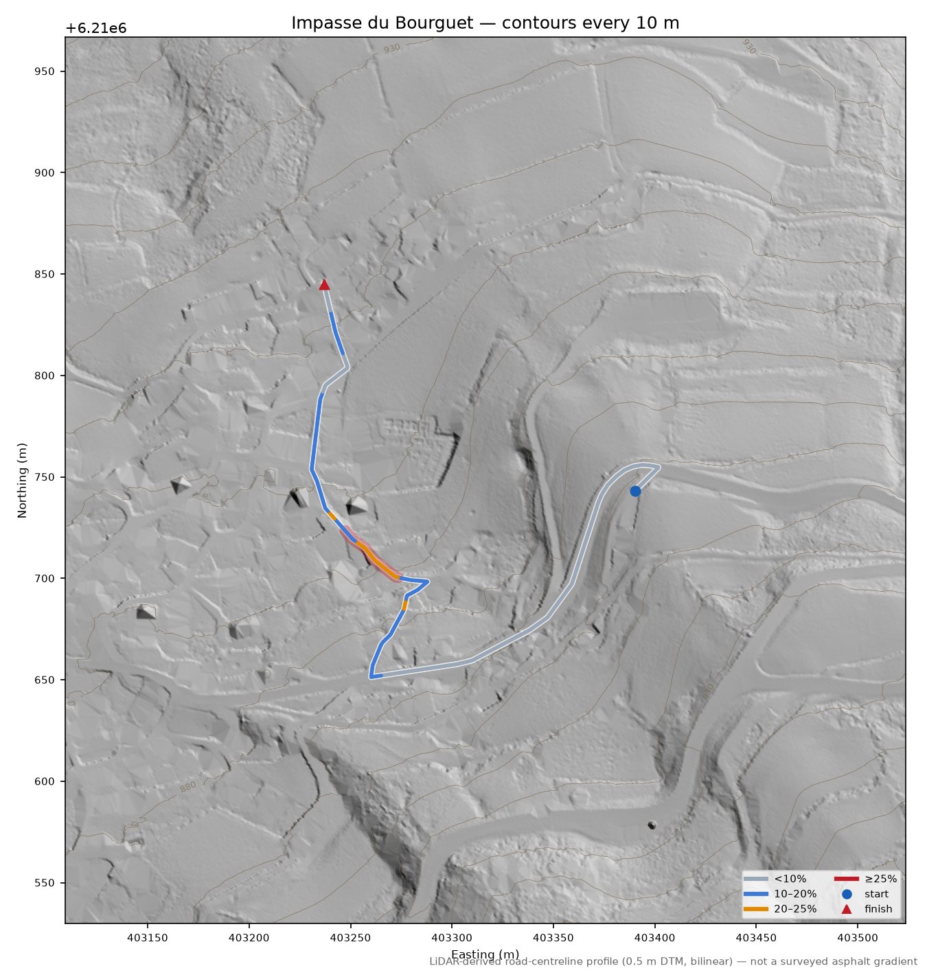 Impasse du Bourguet LiDAR hillshade map with contours