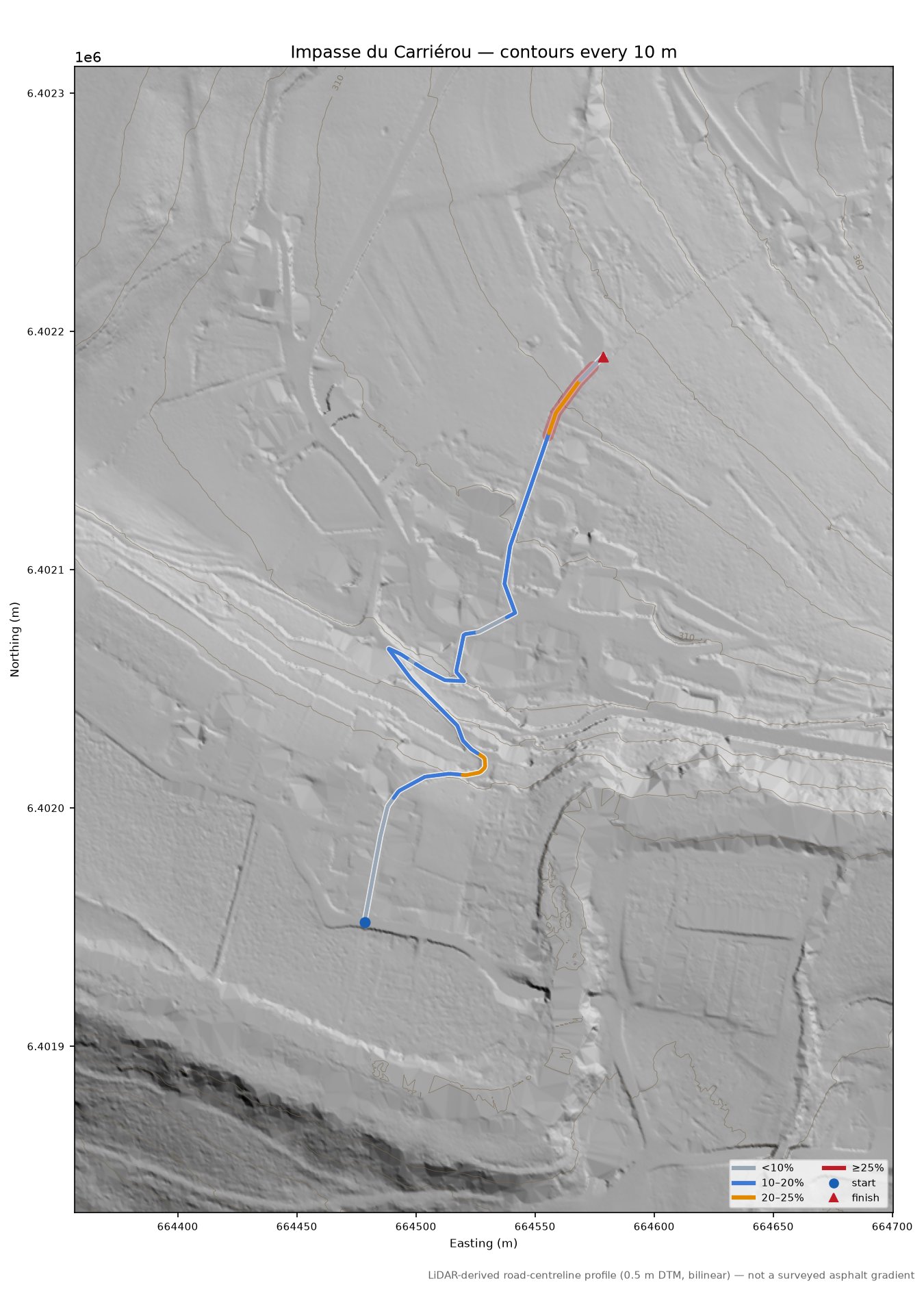 Impasse du Carriérou LiDAR hillshade map with contours