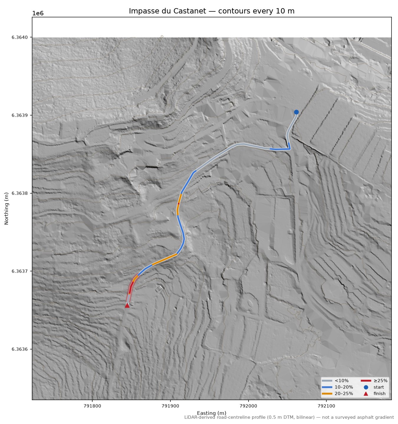 Impasse du Castanet LiDAR hillshade map with contours