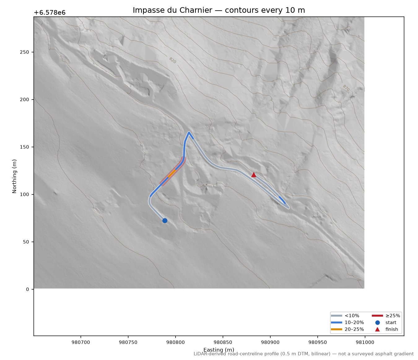 Impasse du Charnier LiDAR hillshade map with contours