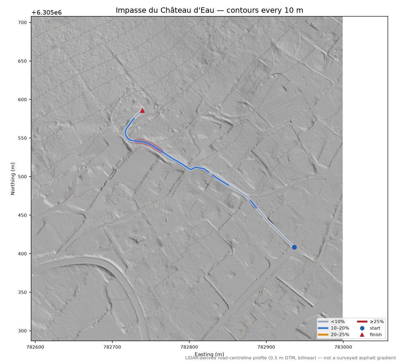 Impasse du Château d'Eau LiDAR hillshade map with contours