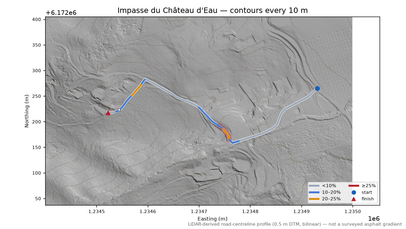 Impasse du Château d'Eau LiDAR hillshade map with contours