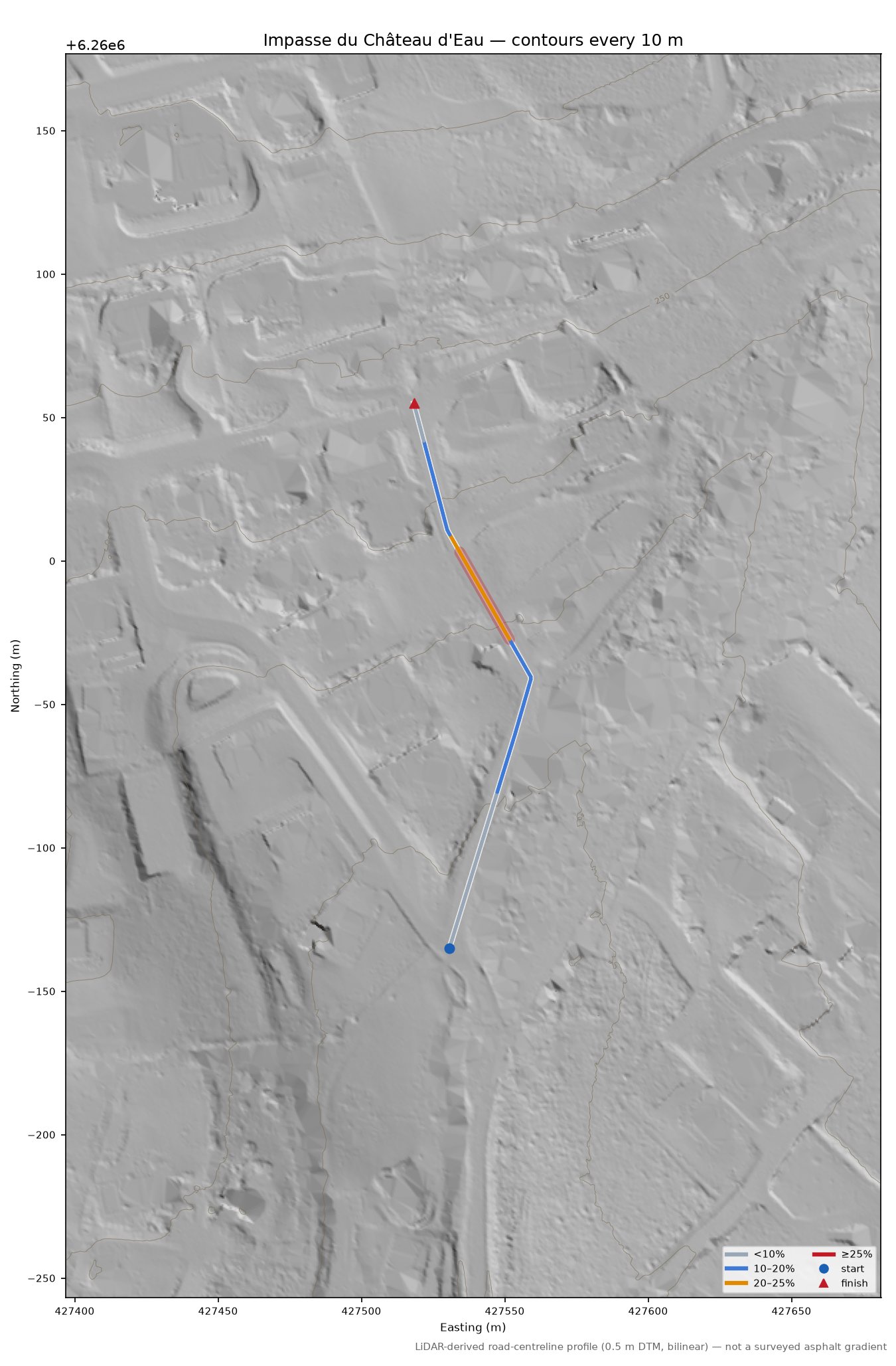 Impasse du Château d'Eau LiDAR hillshade map with contours