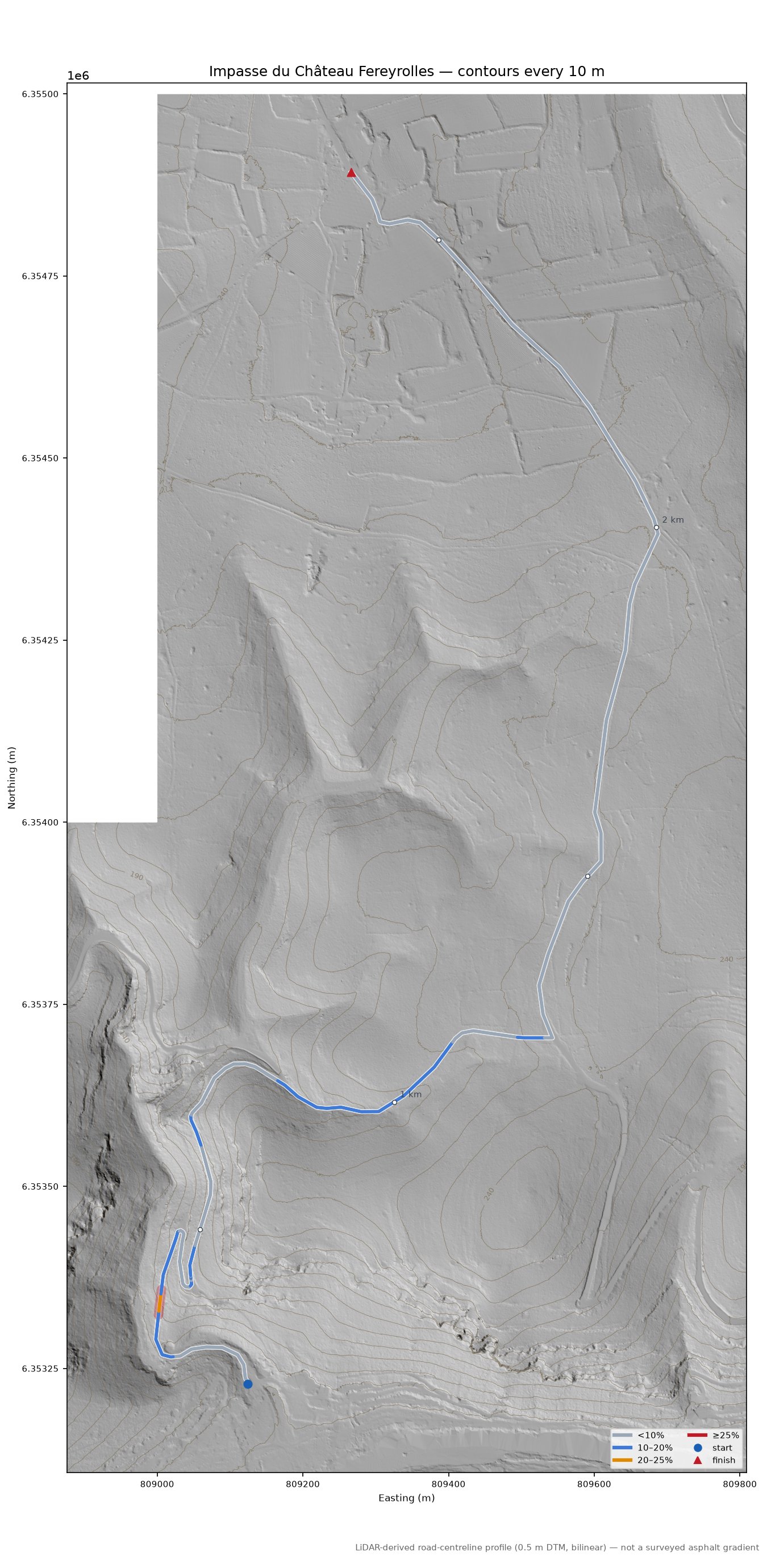 Impasse du Château Fereyrolles LiDAR hillshade map with contours