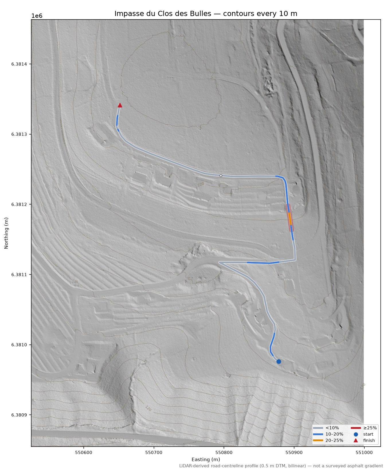 Impasse du Clos des Bulles LiDAR hillshade map with contours