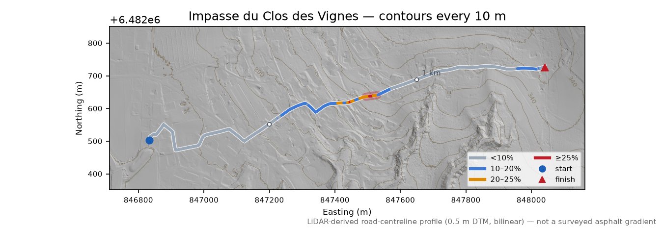 Impasse du Clos des Vignes LiDAR hillshade map with contours