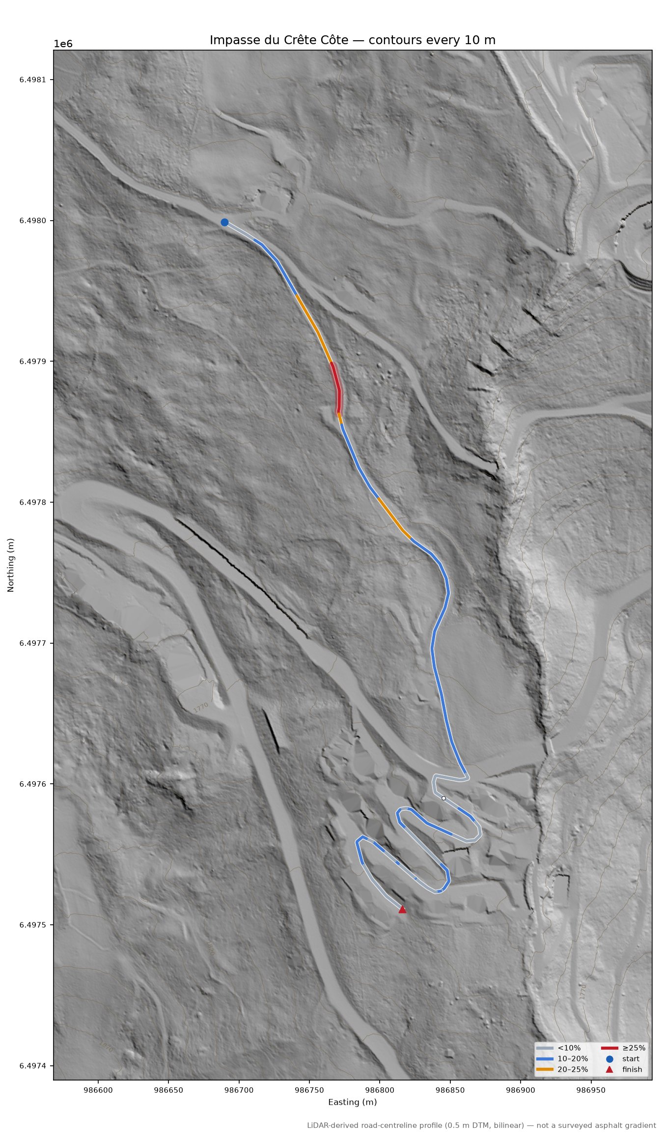 Impasse du Crête Côte LiDAR hillshade map with contours