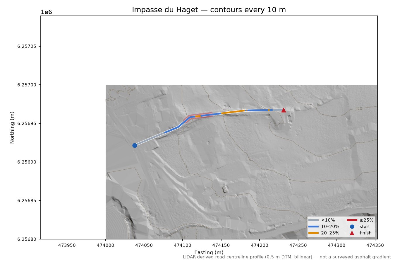Impasse du Haget LiDAR hillshade map with contours