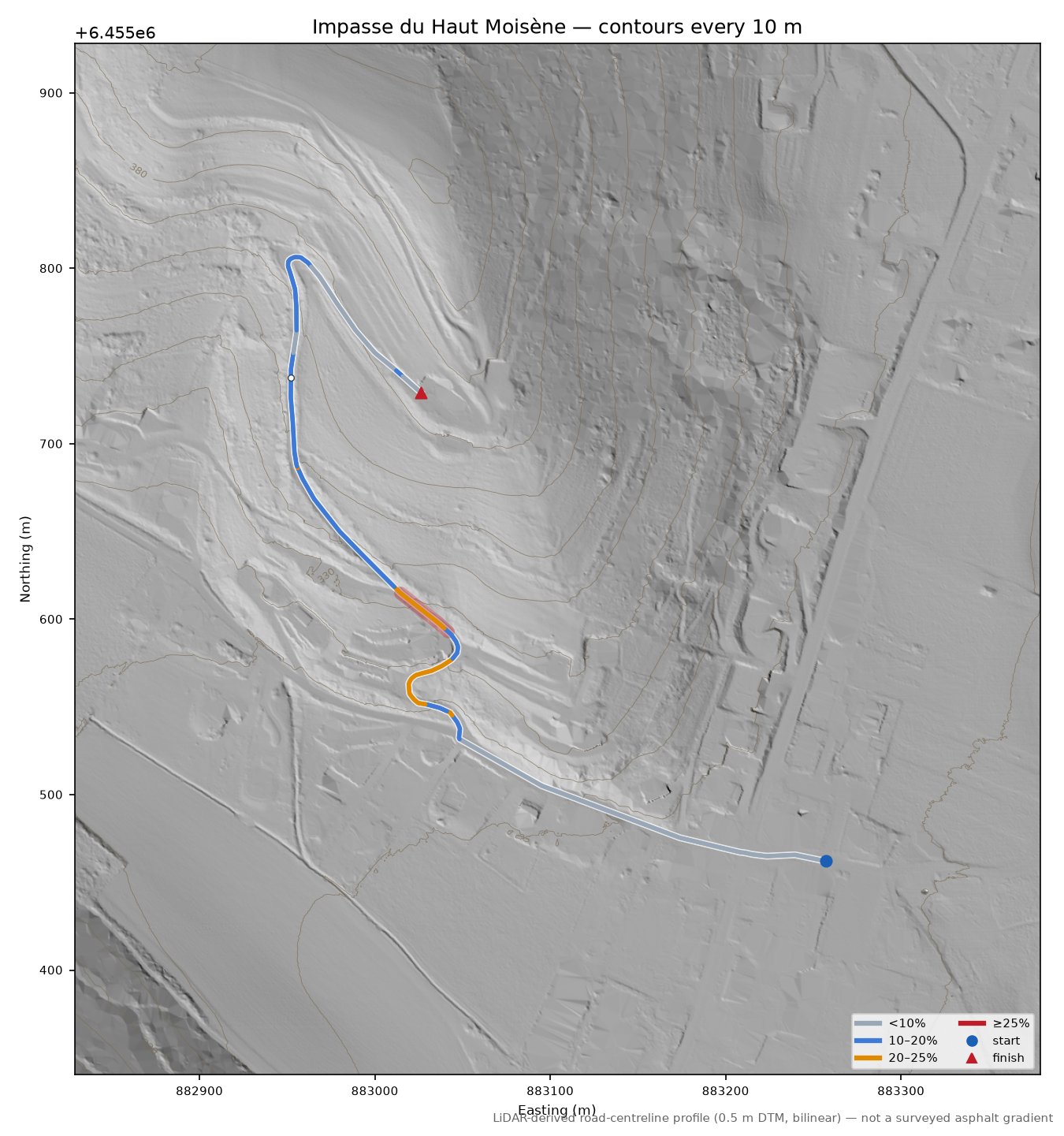 Impasse du Haut Moisène LiDAR hillshade map with contours