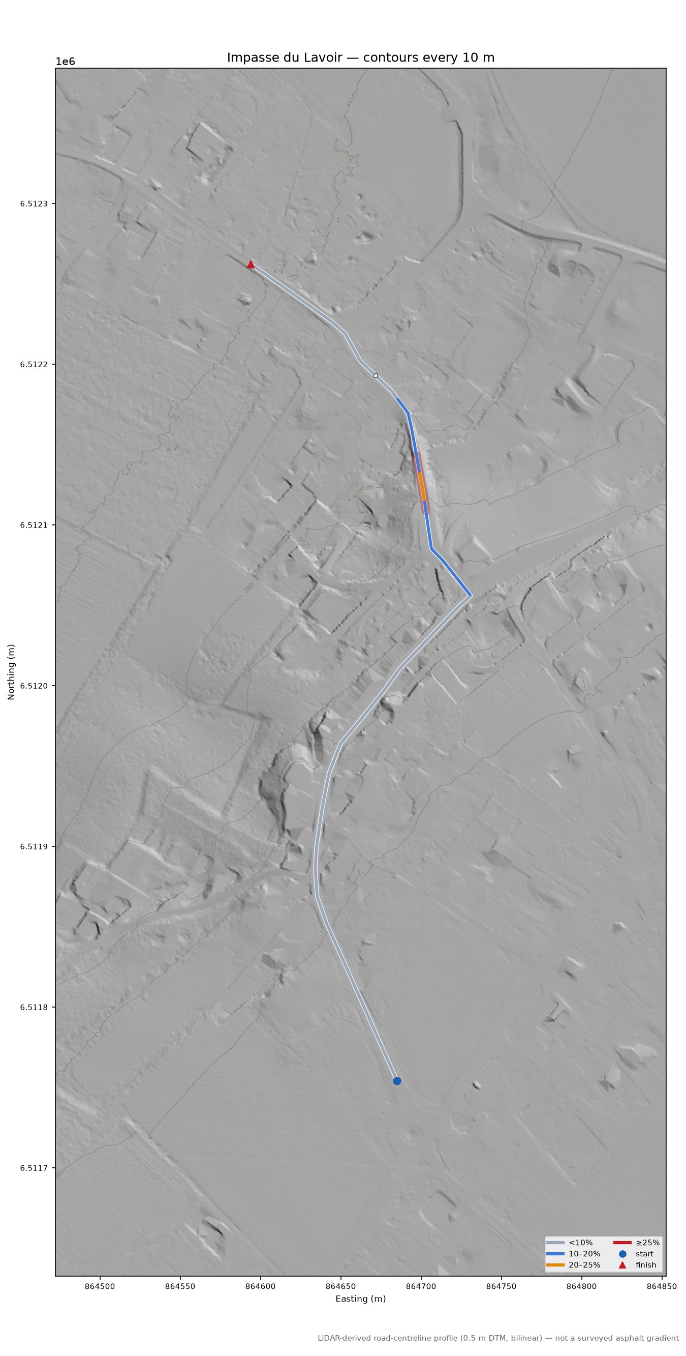 Impasse du Lavoir LiDAR hillshade map with contours