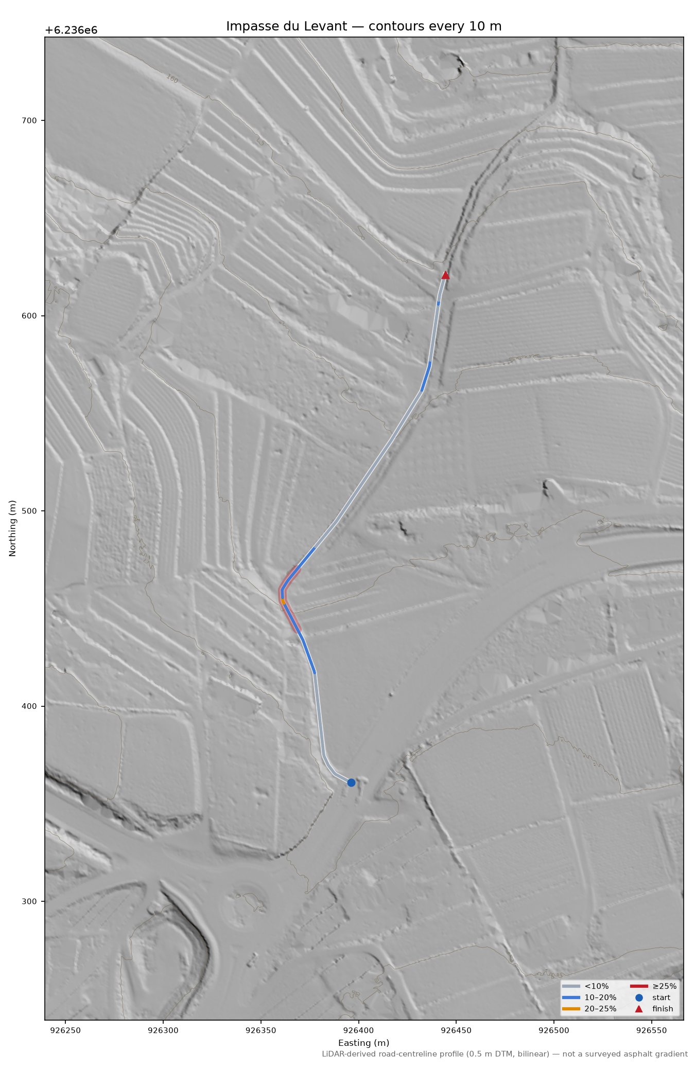 Impasse du Levant LiDAR hillshade map with contours