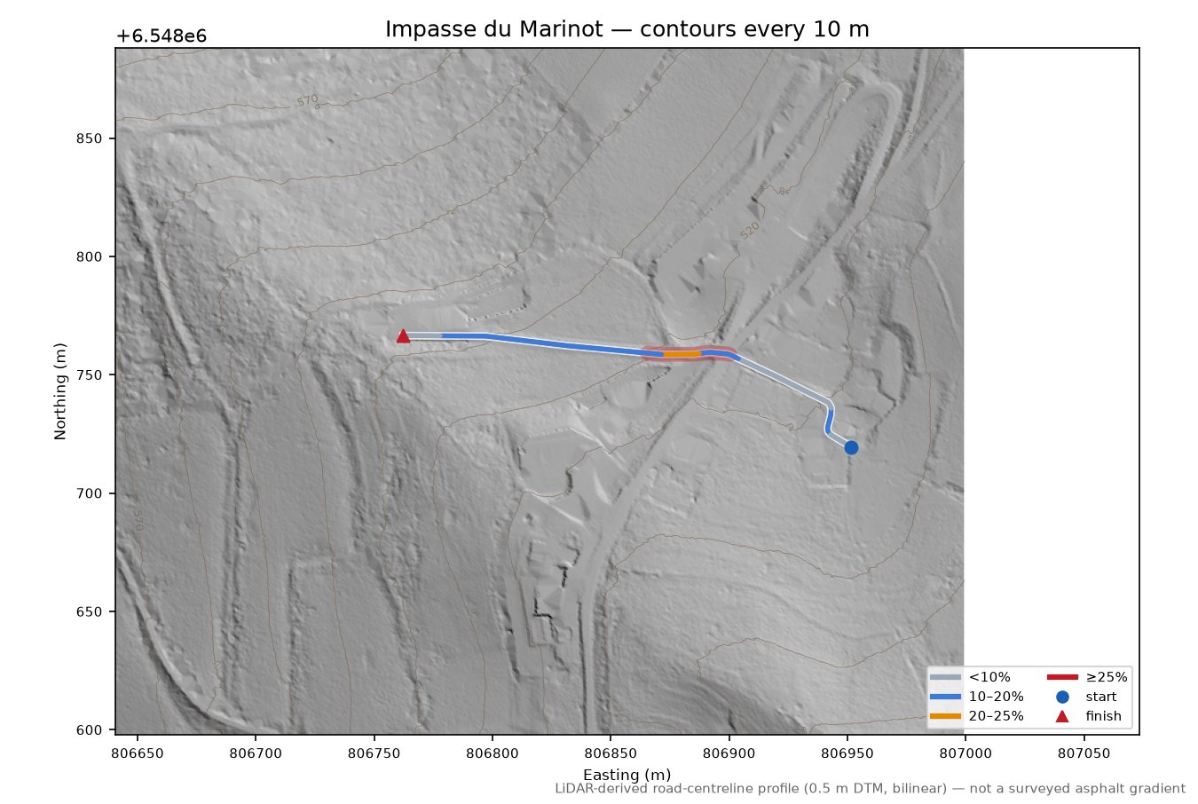 Impasse du Marinot LiDAR hillshade map with contours