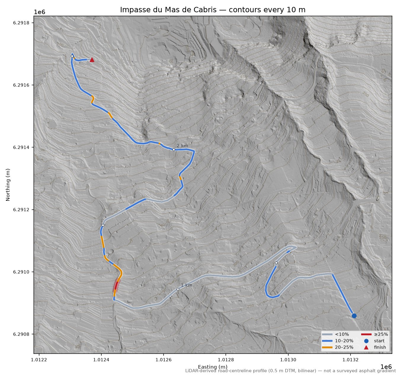 Impasse du Mas de Cabris LiDAR hillshade map with contours
