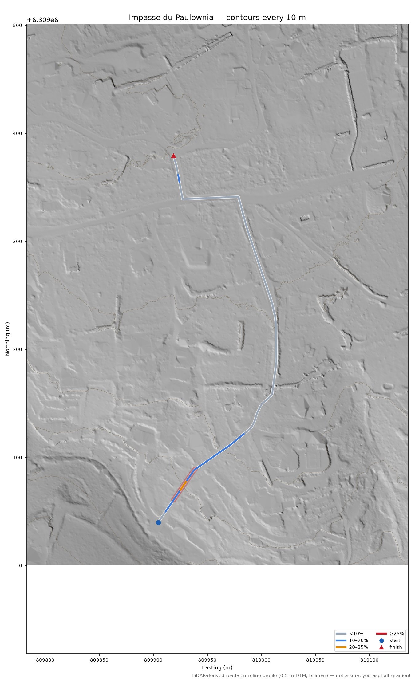 Impasse du Paulownia LiDAR hillshade map with contours