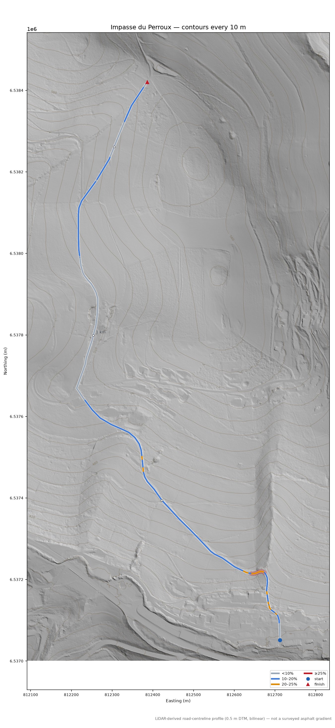 Impasse du Perroux LiDAR hillshade map with contours