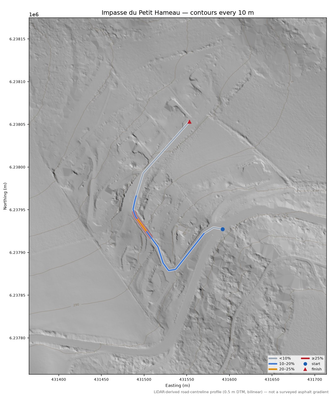 Impasse du Petit Hameau LiDAR hillshade map with contours
