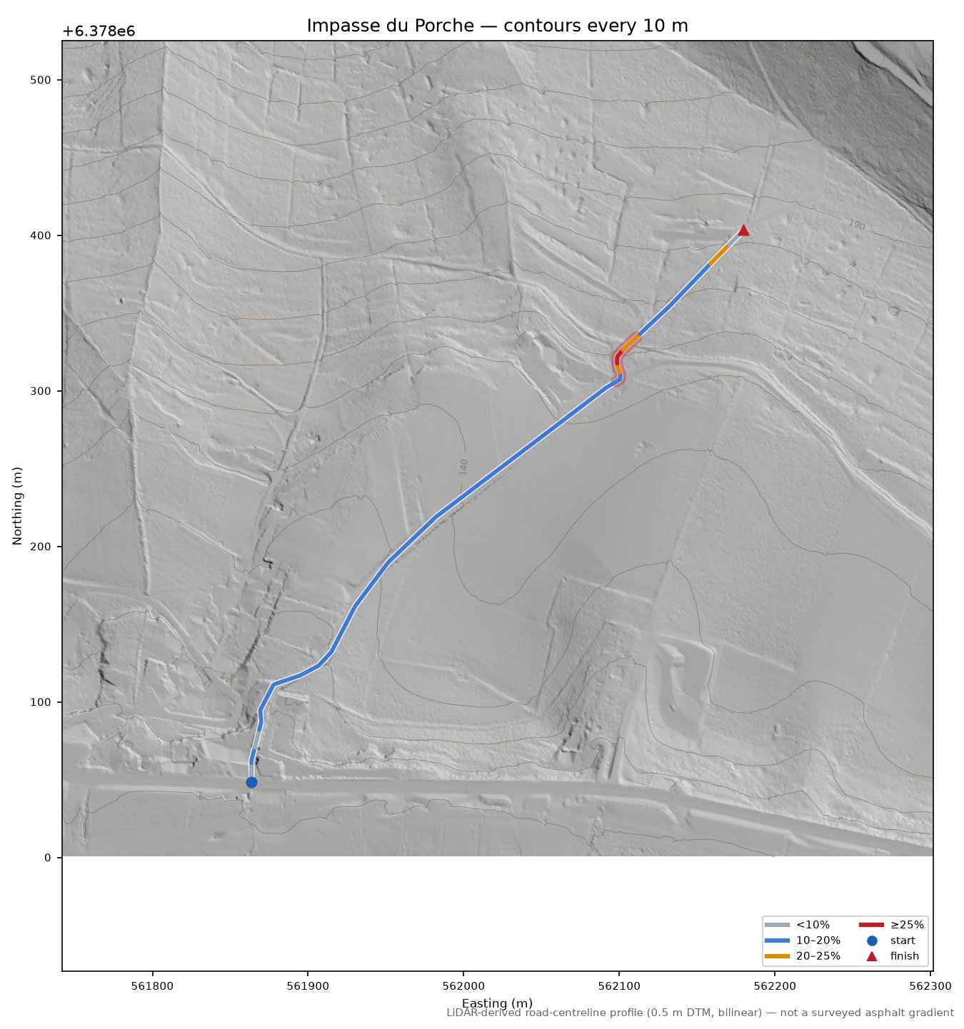 Impasse du Porche LiDAR hillshade map with contours