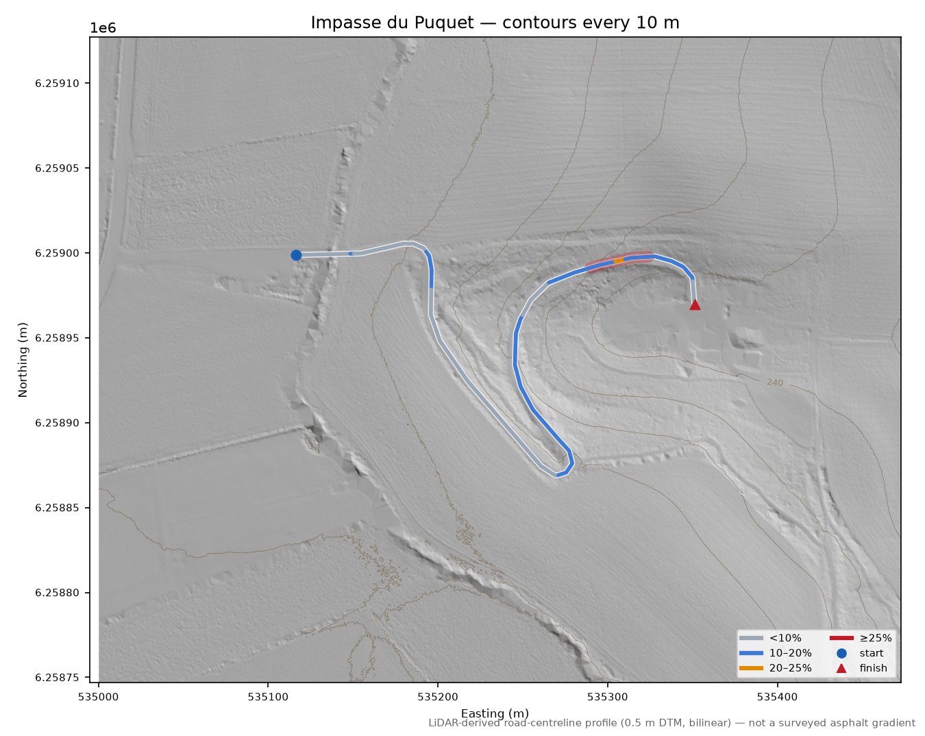 Impasse du Puquet LiDAR hillshade map with contours