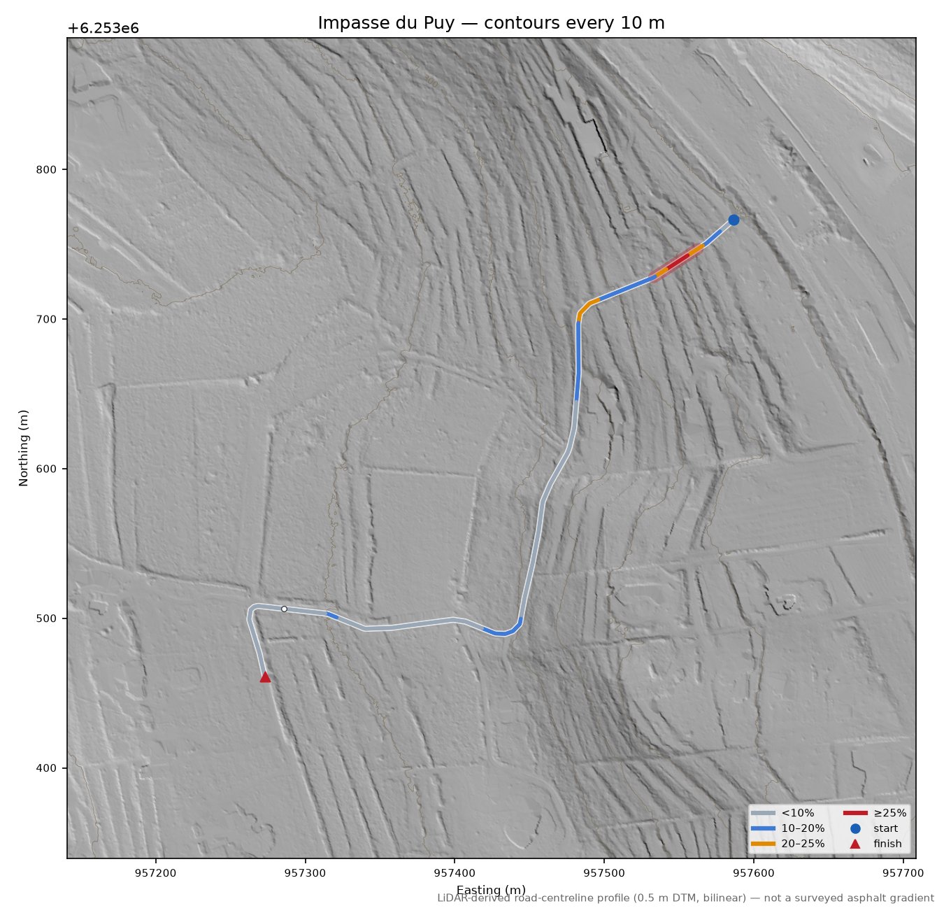Impasse du Puy LiDAR hillshade map with contours